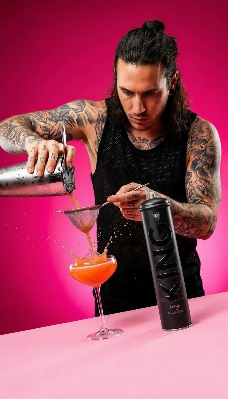 Tattooed bartender straining and pouring an orange cocktail with a tall can on pink background.