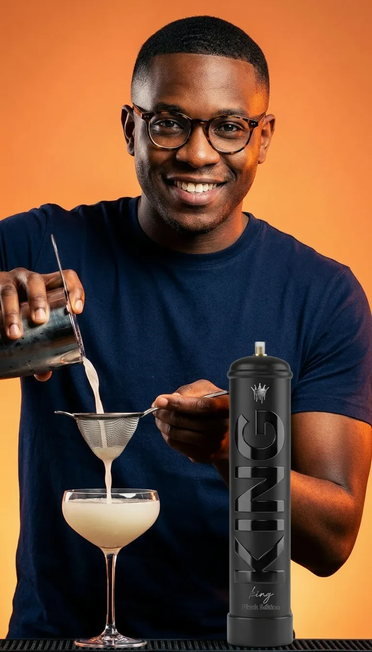 Smiling man with glasses pouring a drink through a strainer into a cocktail glass on an orange background.