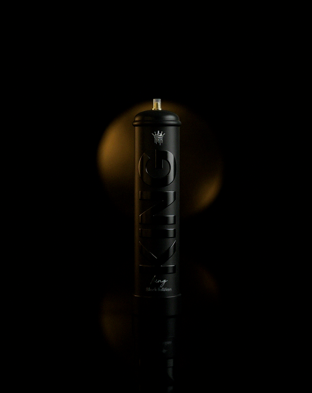 Tall black spray paint can with embossed text 'KING' and a small crown logo above, set against a dark background with a soft circular gold light behind it and its reflection below.