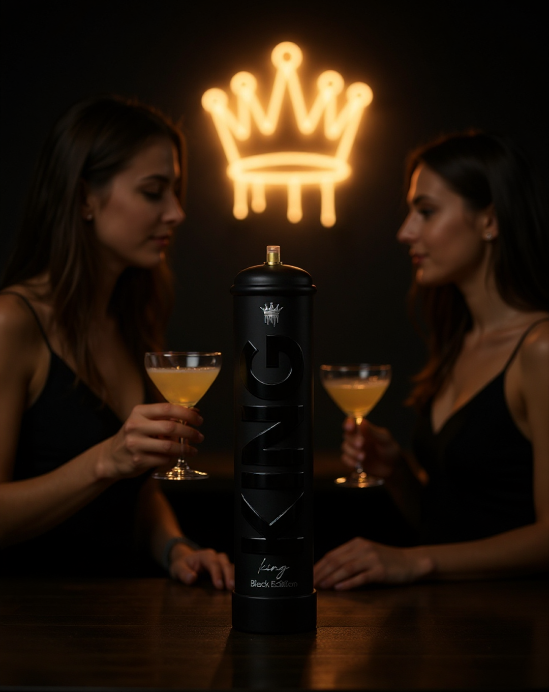 Two women in black dresses holding cocktail glasses with a light amber drink, sitting on opposite sides of a wooden table with a tall black bottle labeled King Black Edition between them and a glowing crown symbol on a dark background behind.