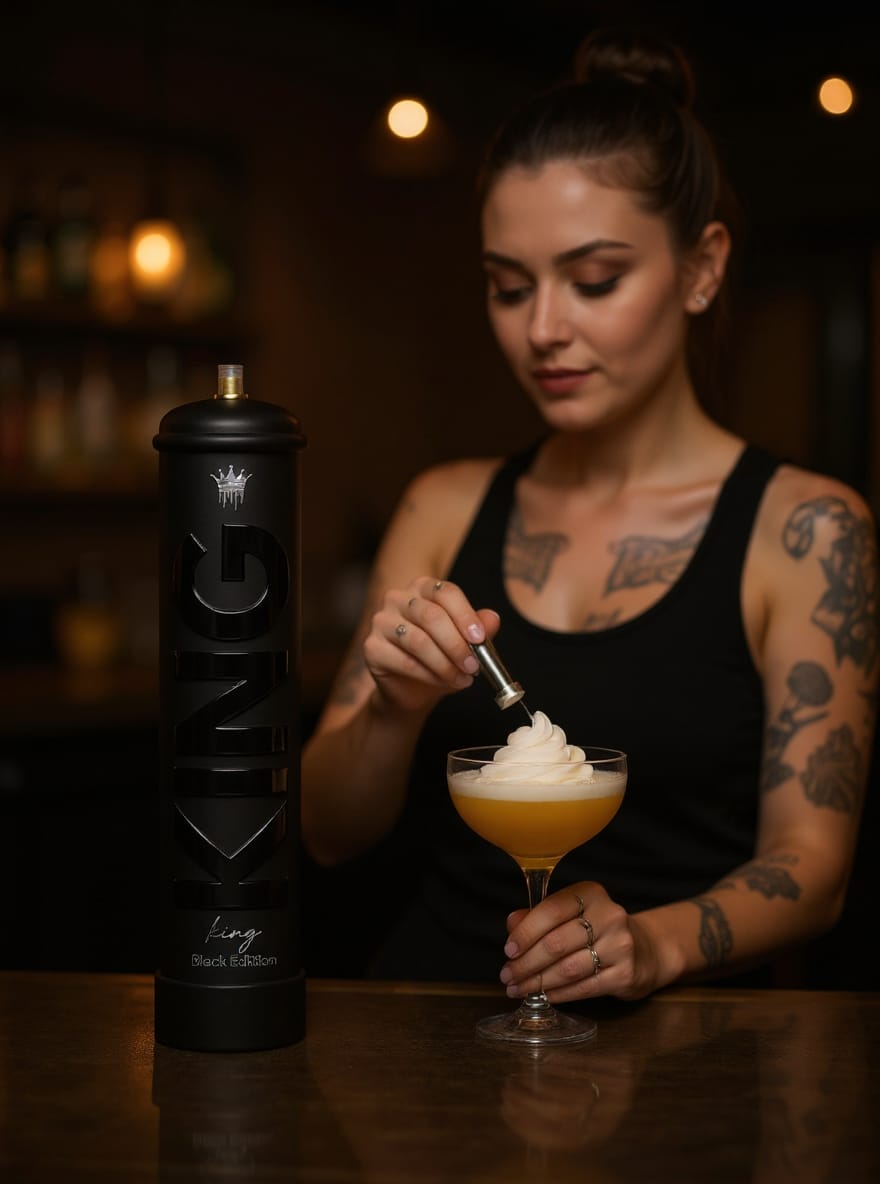Woman with tattoos and a black tank top preparing a cocktail with a frothy top in a coupe glass, using a metal tool to garnish it, next to a tall black canister labeled 'KING Black Edition' on a bar counter with blurred warm lighting in the background.