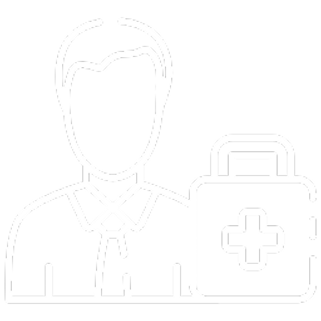 Outline of a person in a tie beside a first aid kit with a medical cross symbol.