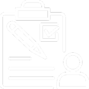White outline of a clipboard with a pencil, checkmark, lines, and a user icon on a black background.