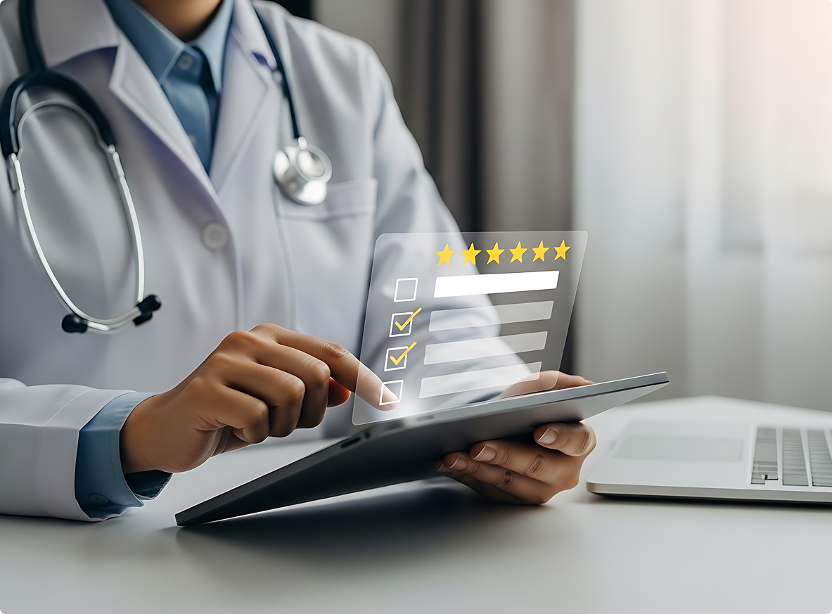 Doctor in white coat with stethoscope using tablet displaying digital star rating and checkboxes.