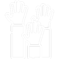 White outlined icon of three raised hands symbolizing participation or volunteering.