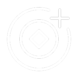 White circular symbol with a diamond in the center and a plus sign on a black background.