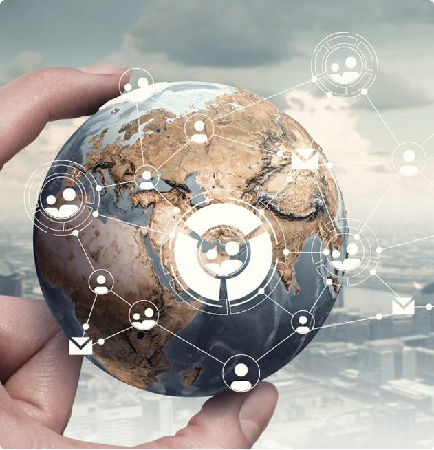 Hand holding a globe with social network icons and connections overlaid on continents.