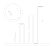 White bar chart with an upward arrow in a circle above, on a black background.