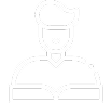 Icon of a person reading an open book, outlined in white on a black background.