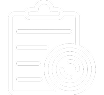 White clipboard icon with checklist lines and a circular refresh arrow symbol.