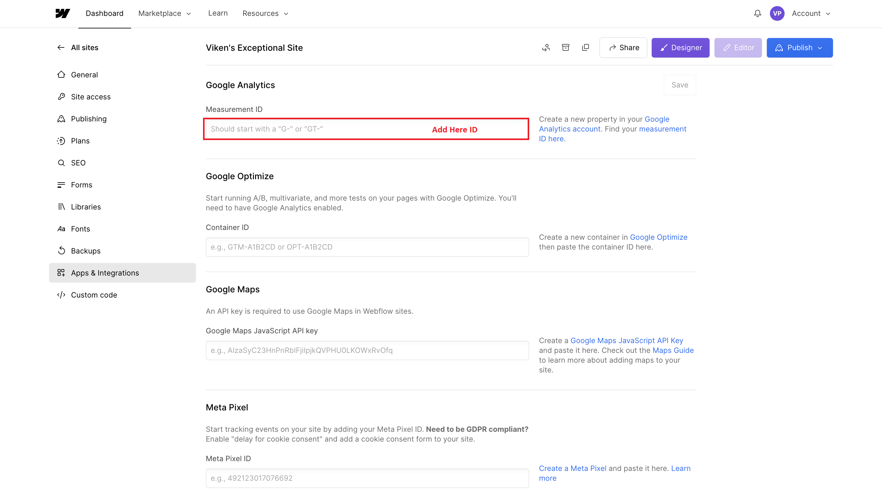Step by step process to connect GA4 with Webflow