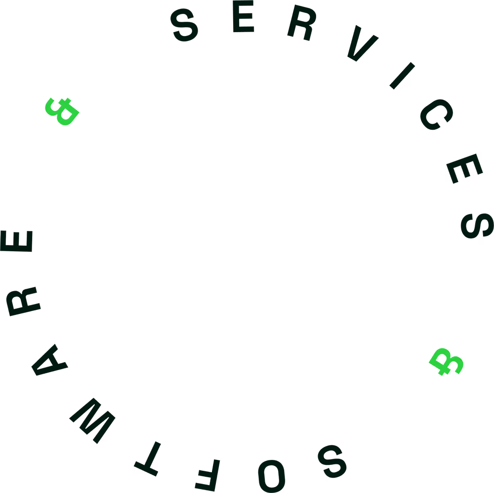 Green Bitcoin symbols rotate inside a circular ring of the words 'SOFTWARE SERVICES' on black.