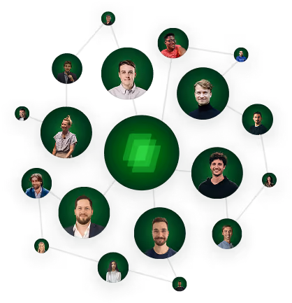 Network of diverse people’s portraits linked around a central green geometric logo.