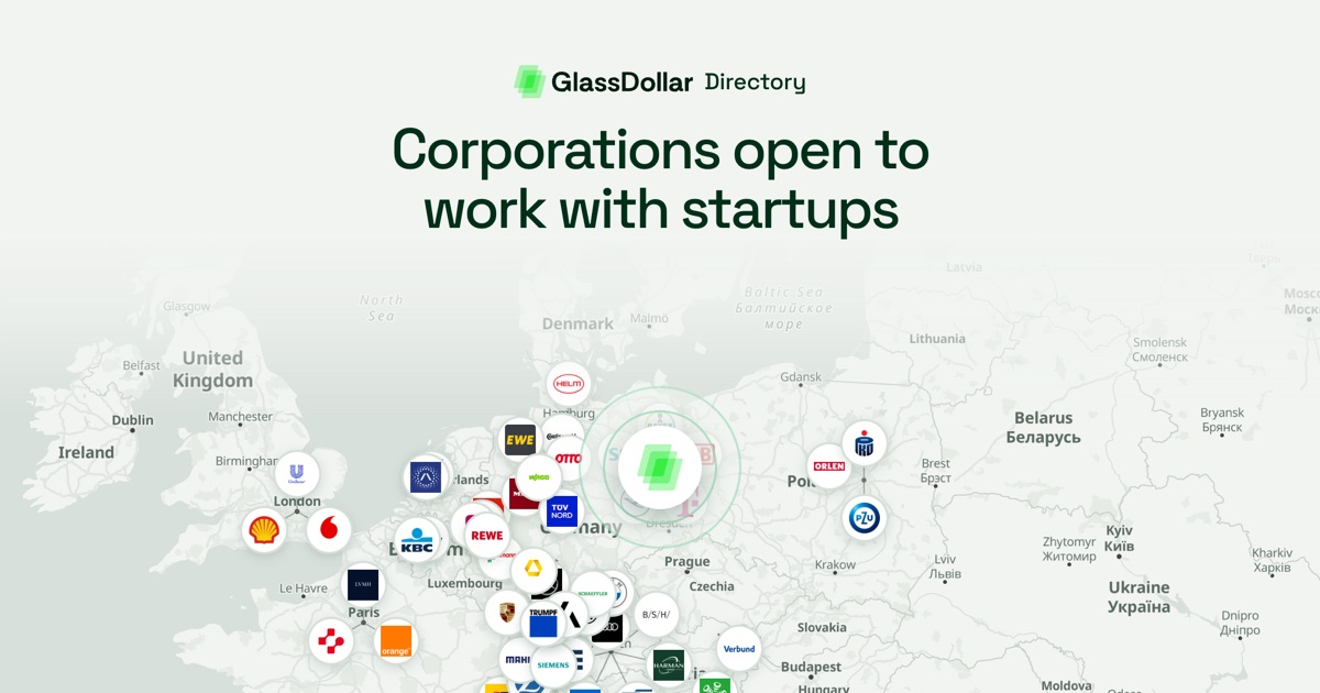 GlassDollar Directory map of Europe showing corporations open to work with startups.