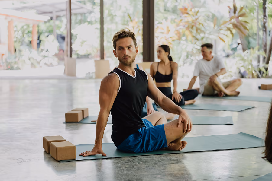 Fully equipped yoga shala with mats, bolsters, and blocks