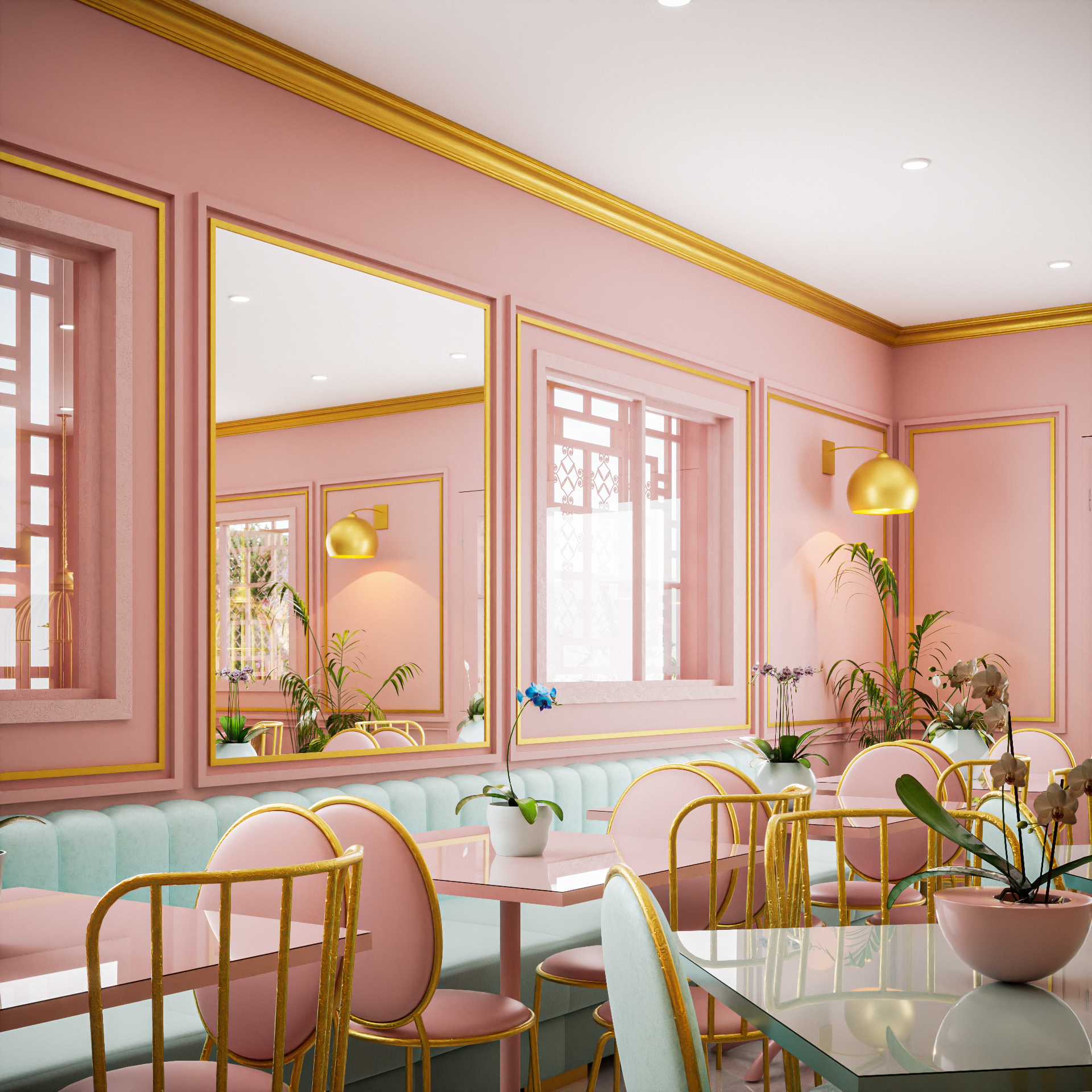 Luxury Pastery interior visualisation with natural daylight — architectural 3D rendering