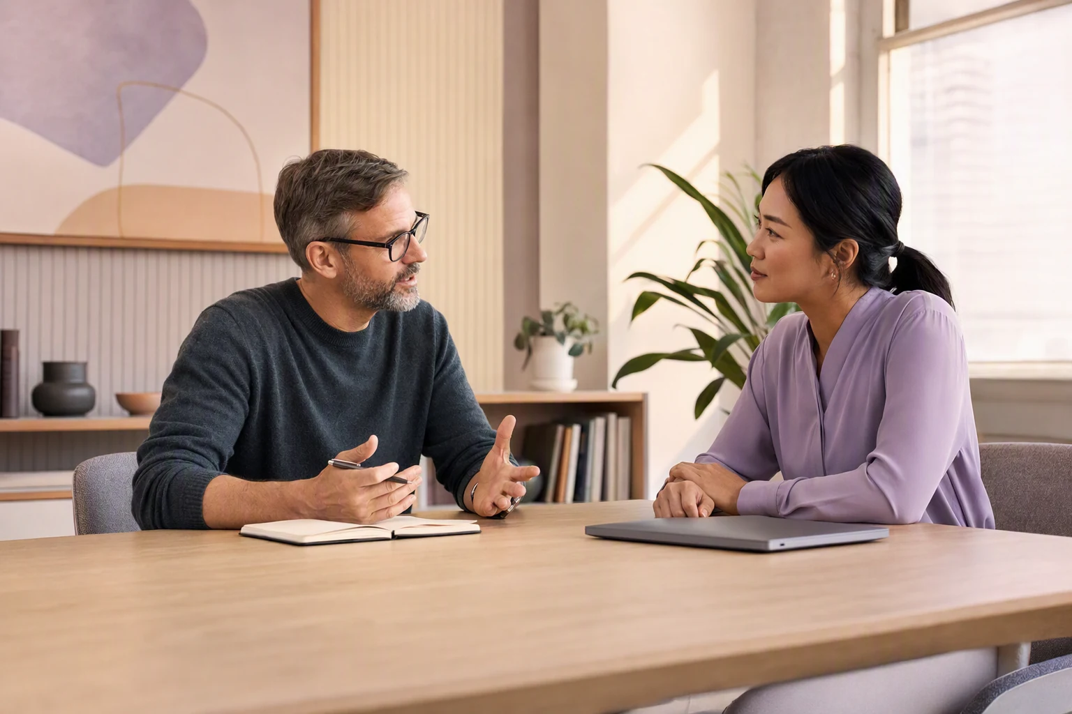 Manager and employee practicing a difficult feedback conversation in a private meeting room