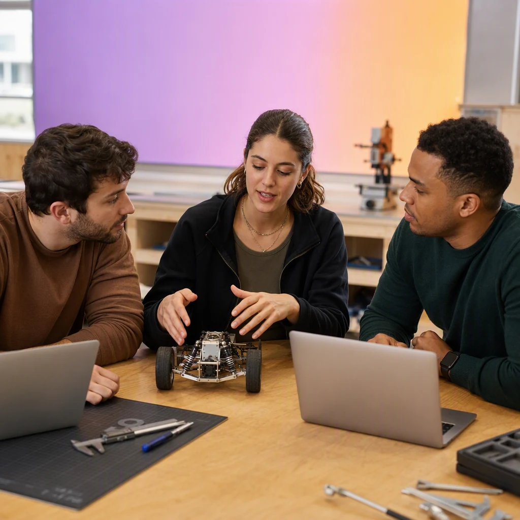 Adult learner explaining an engineering prototype to classmates