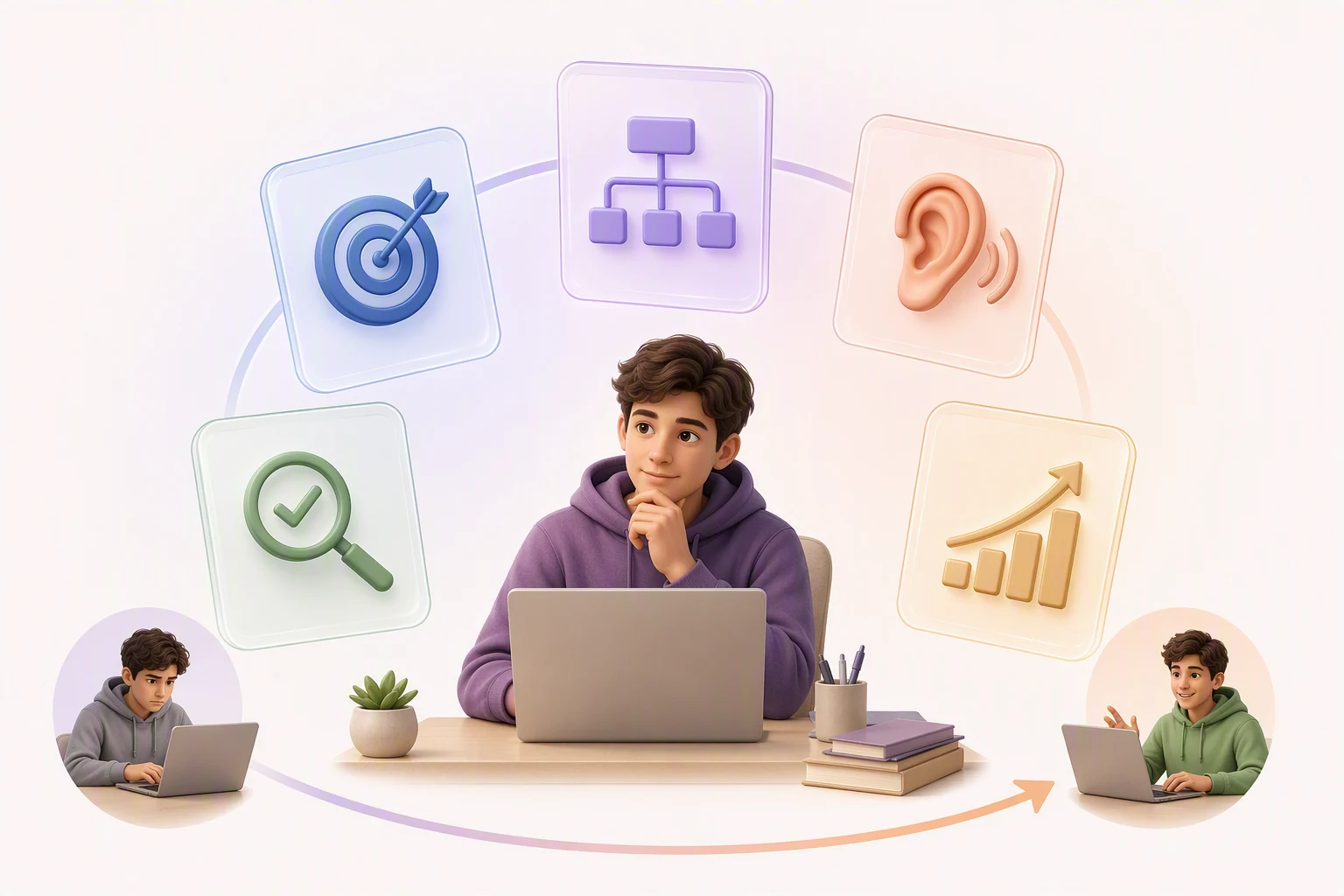 Balanced communication assessment using content, clarity, listening, evidence, and growth across attempts