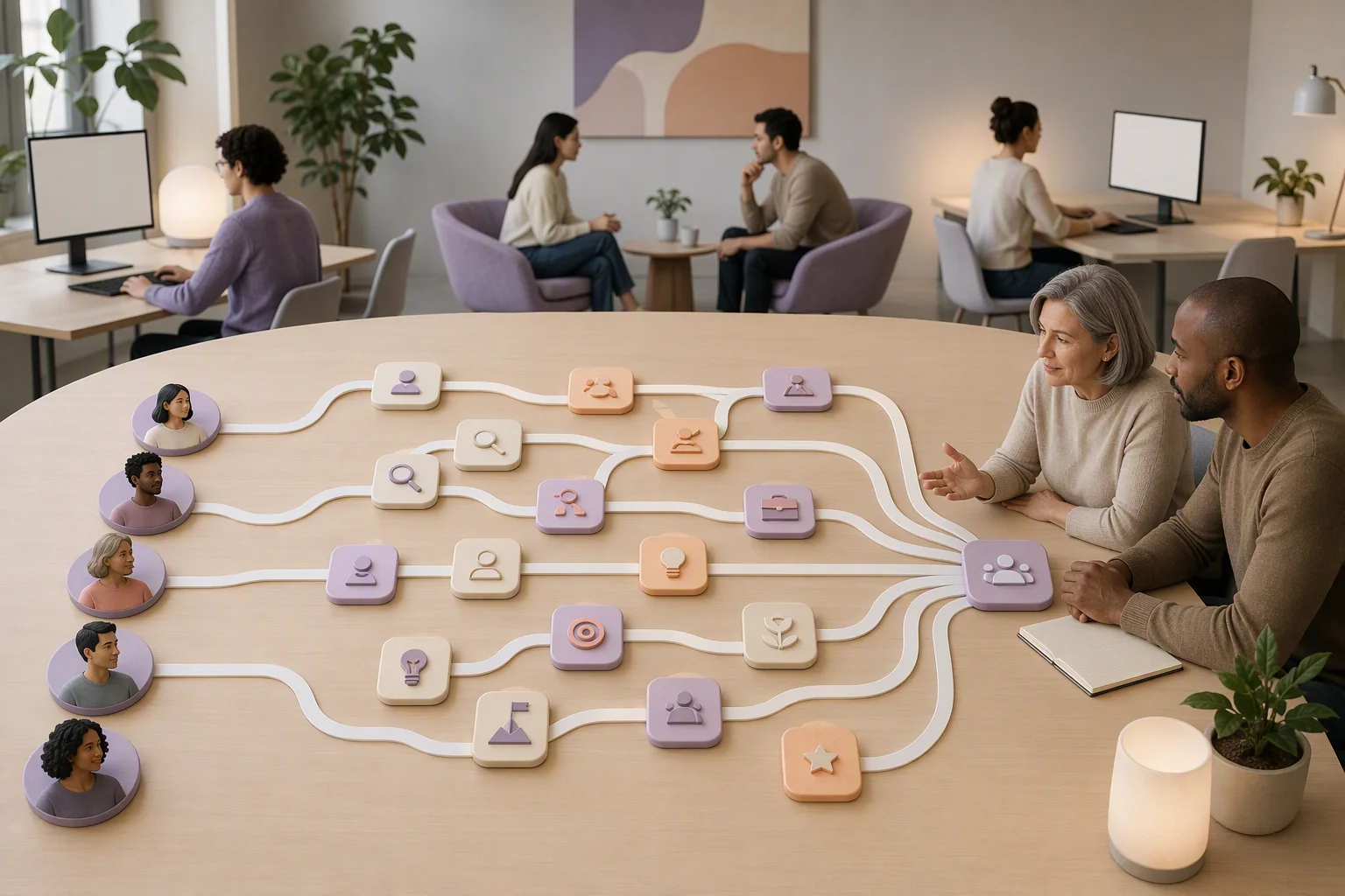 Scalable outplacement system connecting scenario choice, practice, feedback, and adviser escalation