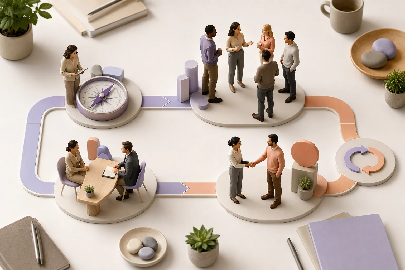 Thirty-day outplacement sequence covering career story, networking, interviews, and offers