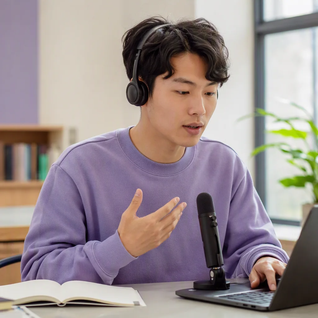 University applicant practicing listening, repetition, and interview responses for TOEFL-style speaking tasks