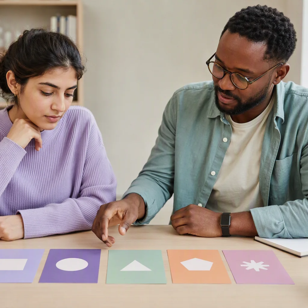 Learner comparing different English proficiency test speaking formats with an advisor