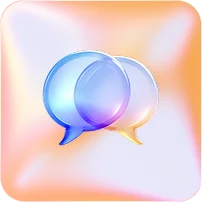 Two overlapping blue speech bubbles on a rounded square with orange and pink gradient background.