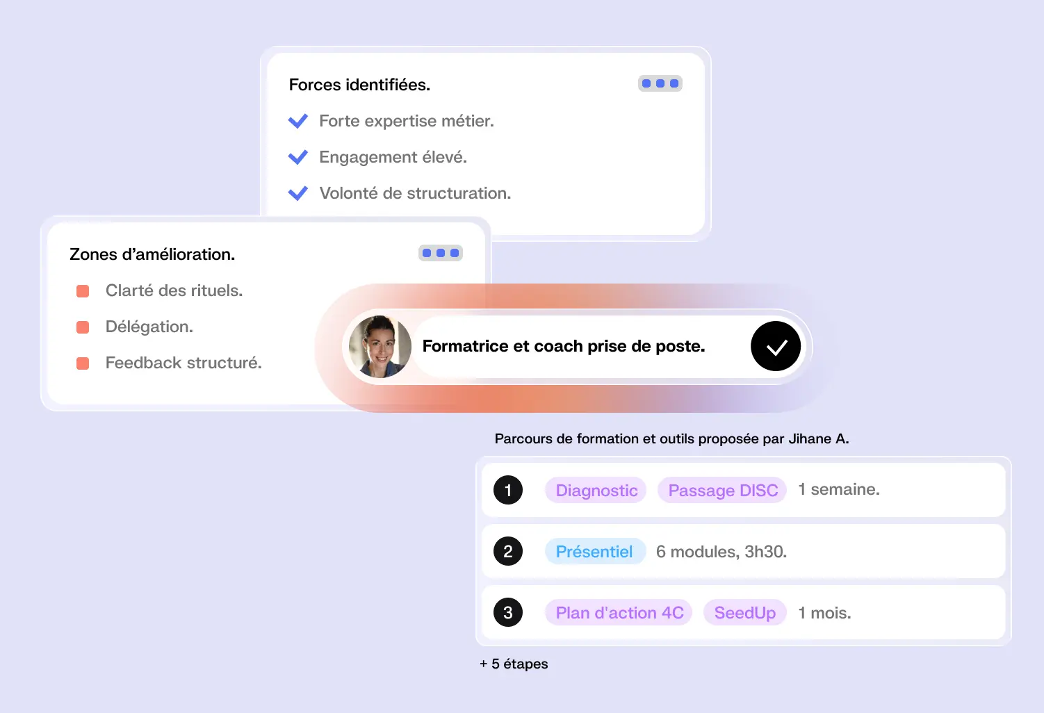 French text blocks listing strengths, areas to improve, and a three-step training plan with coach's profile photo.