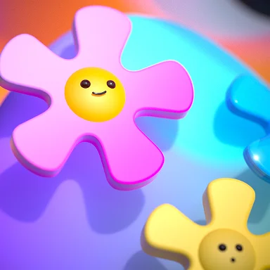3D pink and yellow cartoon flowers with smiling and neutral faces on a colorful background.