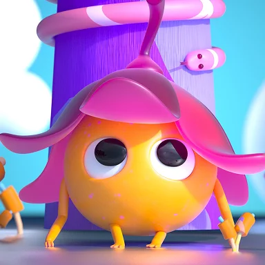 Cute round orange character with big eyes under a pink flower petal hat near a purple tree.