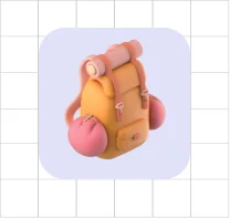 Orange backpack with pink boxing gloves and a rolled mat on top on a light purple square background.