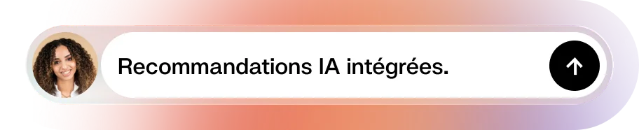 Chat bubble with woman's profile picture and text in French saying integrated AI recommendations.