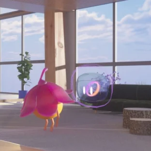 Pink animated creature interacting with a floating glowing ring in a modern room with large windows.