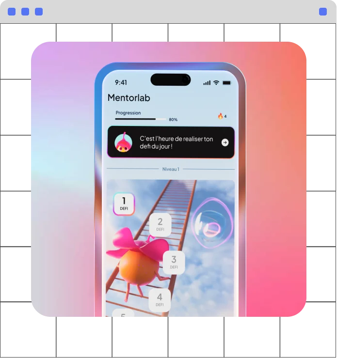Smartphone screen showing Mentorlab app with a colorful 3D game challenge and progress details.