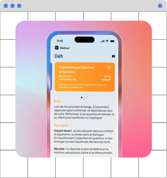 Smartphone screen showing a French app with a challenge to transform an objection into a question.