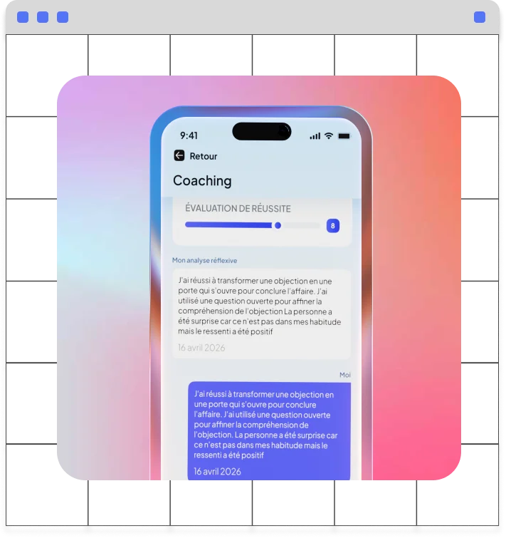 Smartphone screen showing a coaching app with conversation text in French about overcoming objections.
