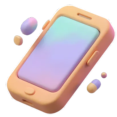 3D orange smartphone with a gradient screen floating on a dark black topographic background.