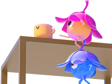 Two colorful animated flower characters climbing a table with a smiling mug on top.