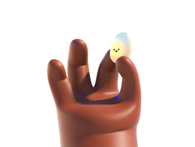 Brown hand holding a small glowing egg with a smiling face on a gradient background.