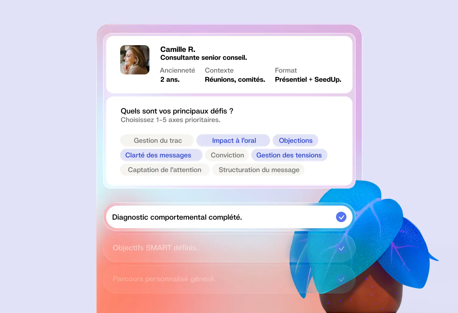Dashboard of a coaching campaign for managers showing SMART goals, behavior radar chart, and AI recommendations.