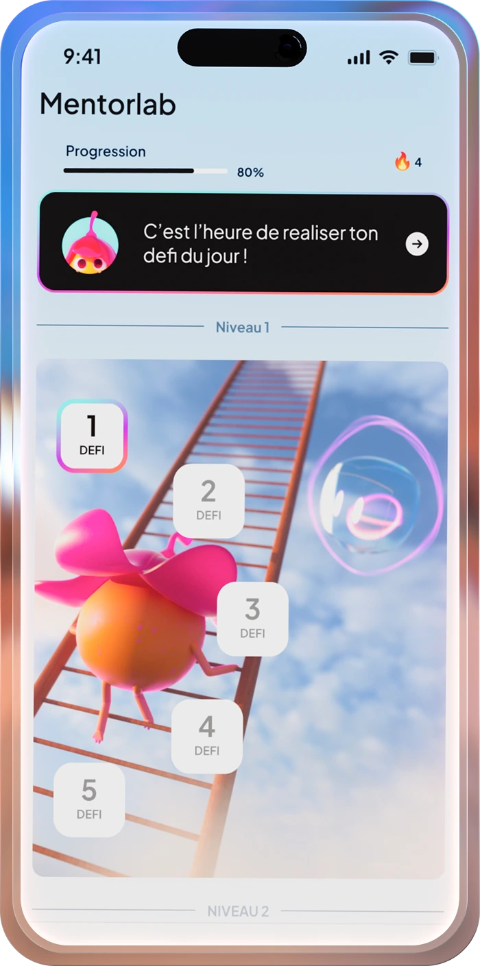 Mobile app Mentorlab showing progress at 80% and daily challenge prompts in French with cartoon character.