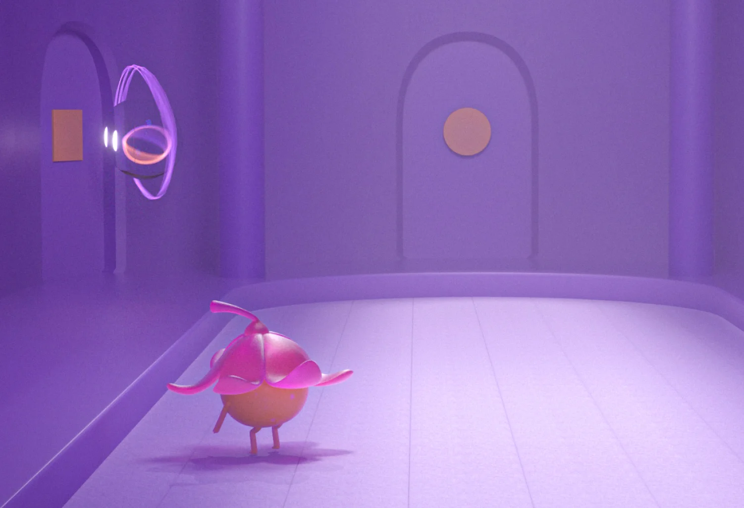 Néa, la mascotte Sinéa, face à un portail lumineux dans une salle violette.
