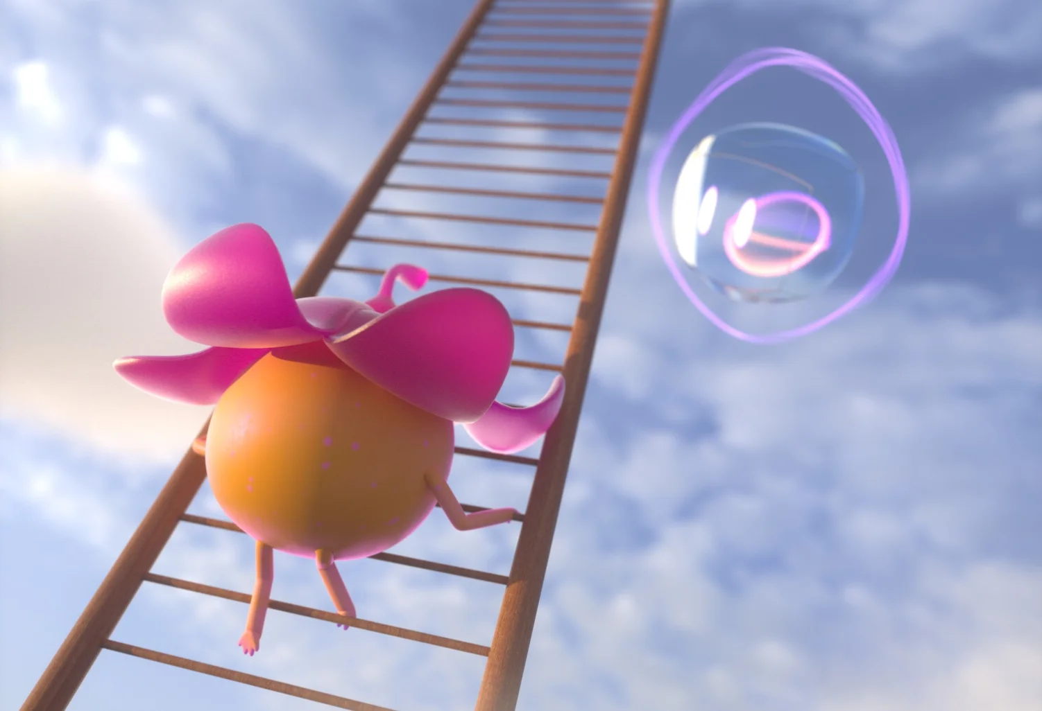 Néa gravit une échelle vers le ciel à la poursuite d'une bulle lumineuse.