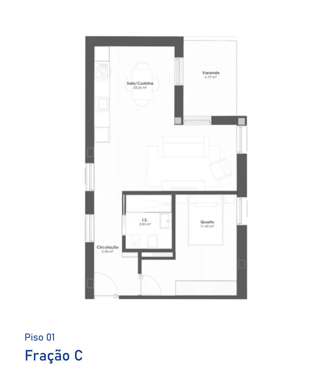 Planta Fração C, Piso 1, T1, Eleven