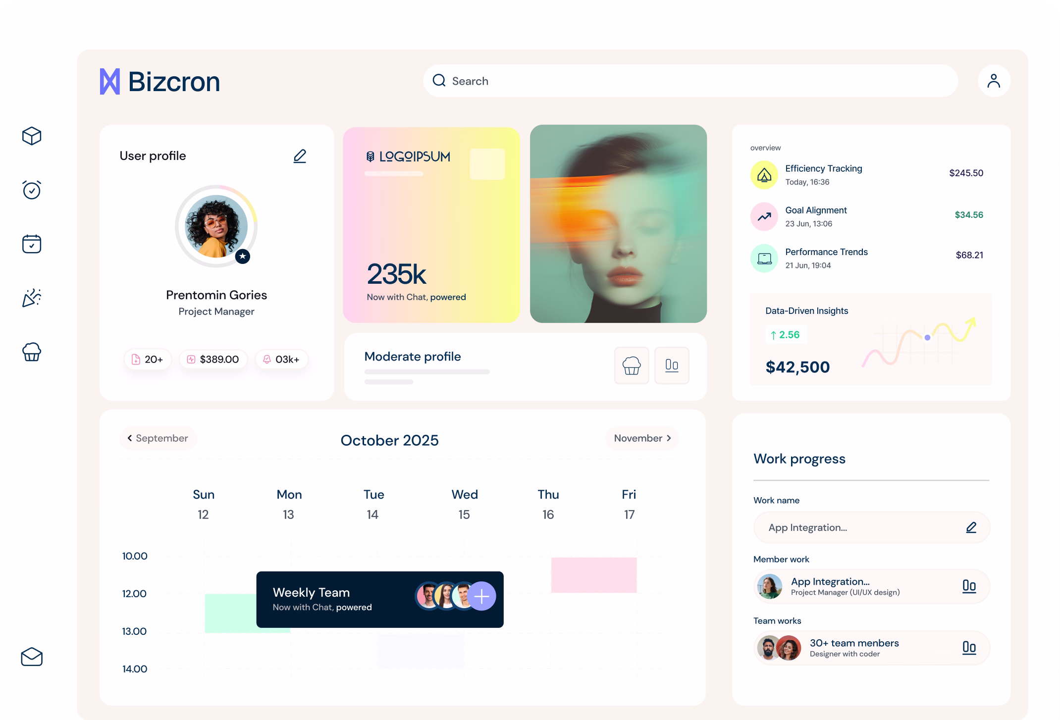 Dashboard interface showing user profile, calendar for October 2025, and work progress with charts and icons.