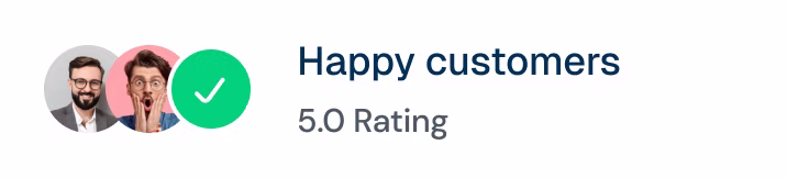 Two circular profile photos with a green checkmark next to text saying Happy customers 5.0 Rating.