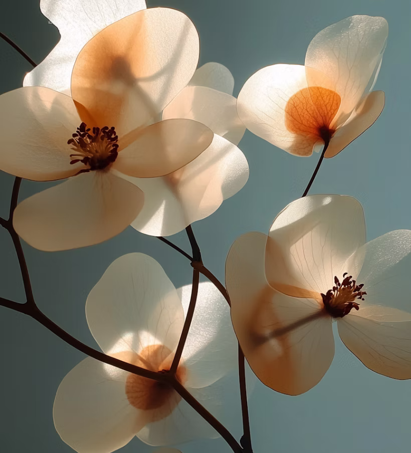 Close-up of translucent pale flowers with dark centers against a soft blue background.
