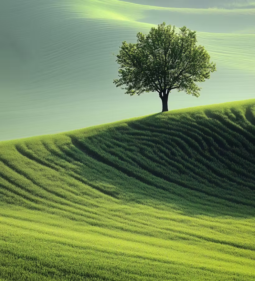 A lone green tree on a rolling grassy hill with light patterns in the sky.