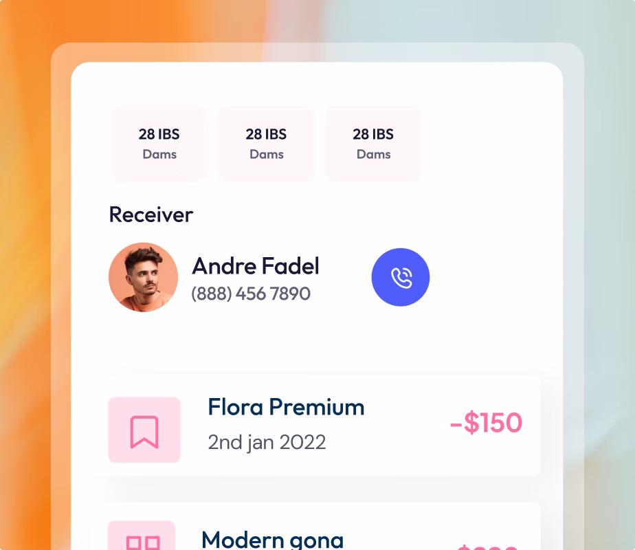 User profile of Andre Fadel with phone number and transaction history showing debit of $150 on Flora Premium.